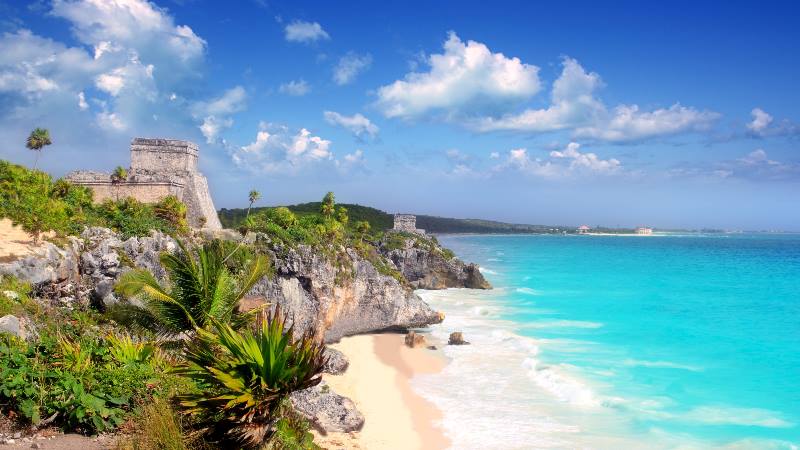 Ancient-ruins-on-the-Cancun-coastline-white-sands-blue-sea