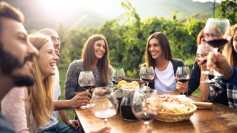 Group-of-friends-enjoying-food-and-drink-and-talking-mental-health