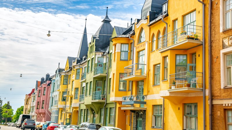 Colourful road with houses in Helsinki