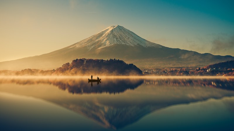 Mount Fuji with people on the lake - near Tokyo